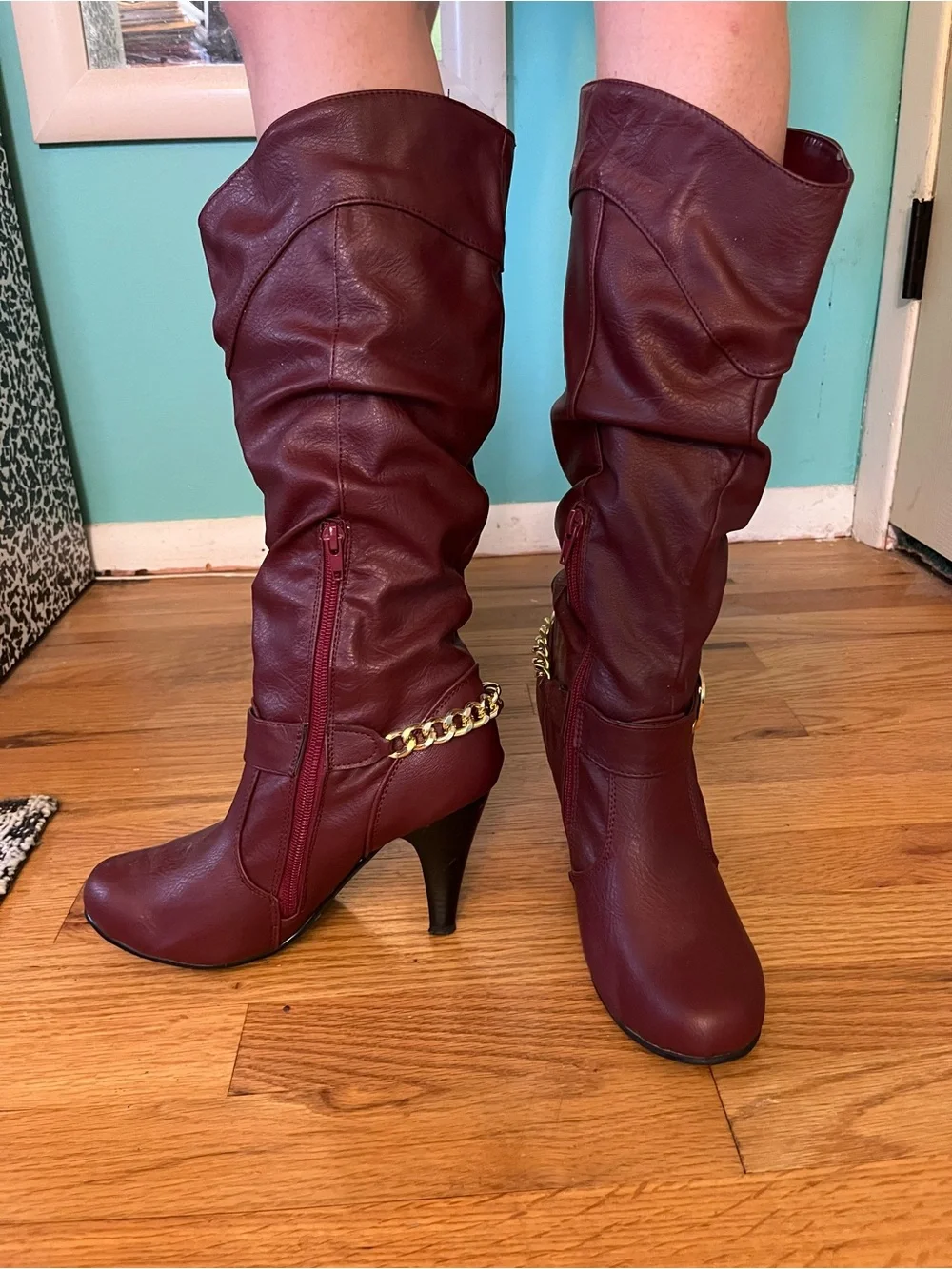Burgundy Over-the-Knee Slouch Boots with Gold Buckle